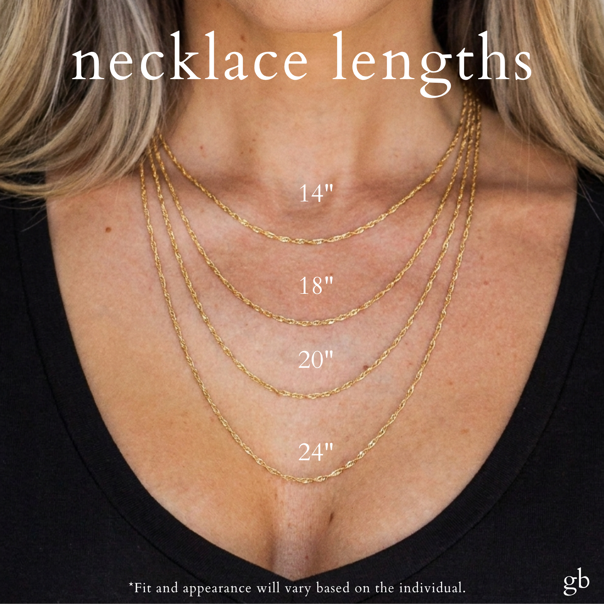 Necklace lengths 14, 18, 20, and 24 inches shown on a real woman